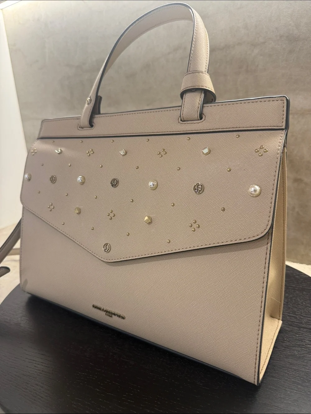 Karl Lagerfeld Taupe Studded Envelope Satchel